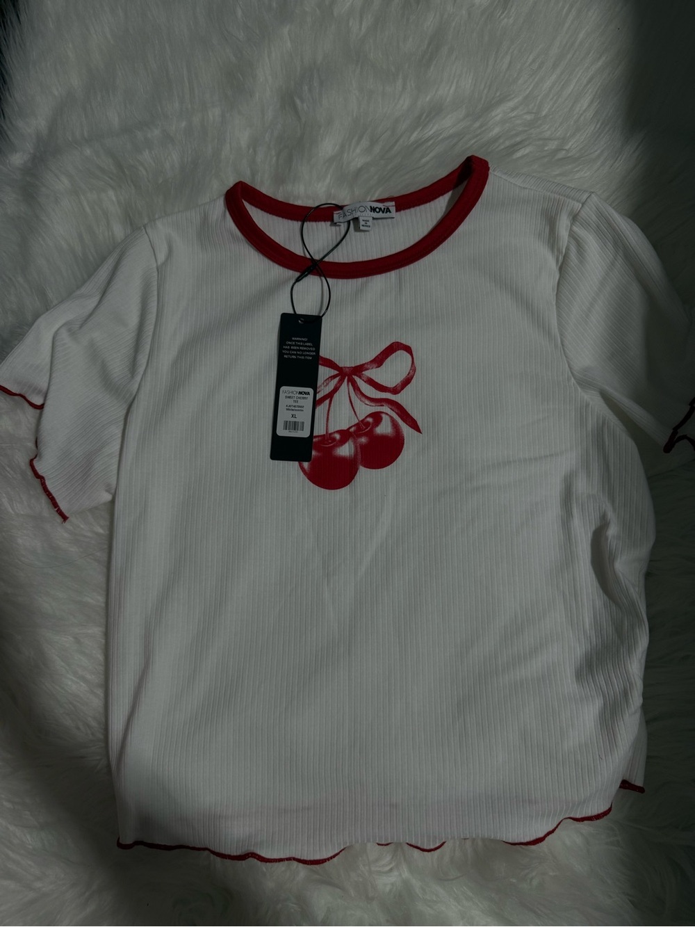 Fashion Nova White Crop Tee with Red Cherry Graphic and Red Trim